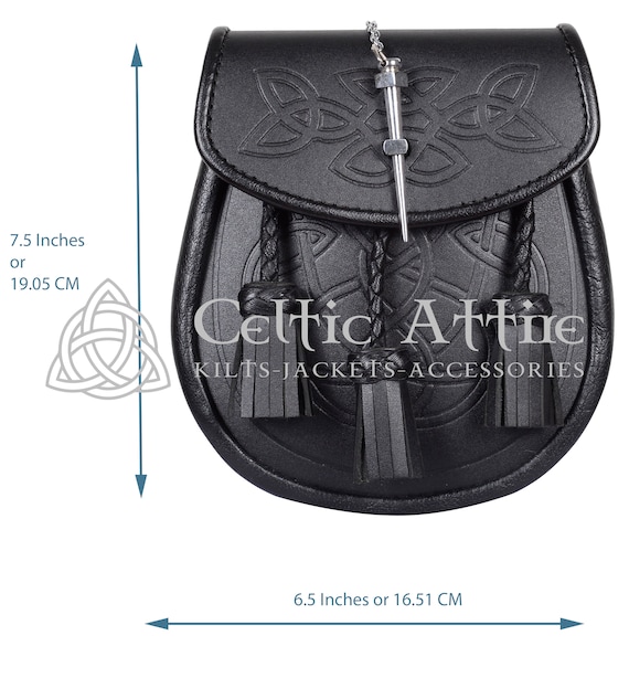Classic Black Leather Celtic Sporran With Free Chain Strap - 3 Tassel Kilt Accessory - View #8