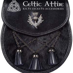 Premium Handmade - Neues Halbkleid schwarzes LederSporran mit Distel Emblem und Kreuzquasten - KILT SPORRAN - mit kostenlosem Kettengürtel