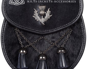 Premium Handmade - Nuovo Semi Dress Black Leather Sporran con Thistle Emblem e Cross Tassels - KILT SPORRAN - con Free Chain Belt