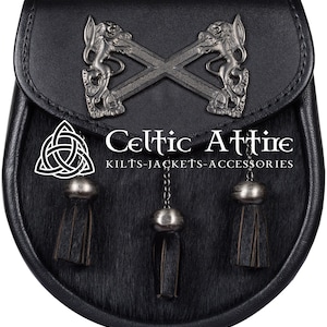 Premium Handmade - Rampant Lion Emblem - Scottish Semi Dress Bovine Fur & Black Leather Sporran - KILT SPORRAN
