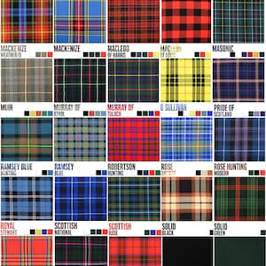 May include: A chart of different tartan patterns, each with a name, such as "Macbeth", "MacDonald", "MacGregor", "Pride of Scotland", and "Royal Stewart".