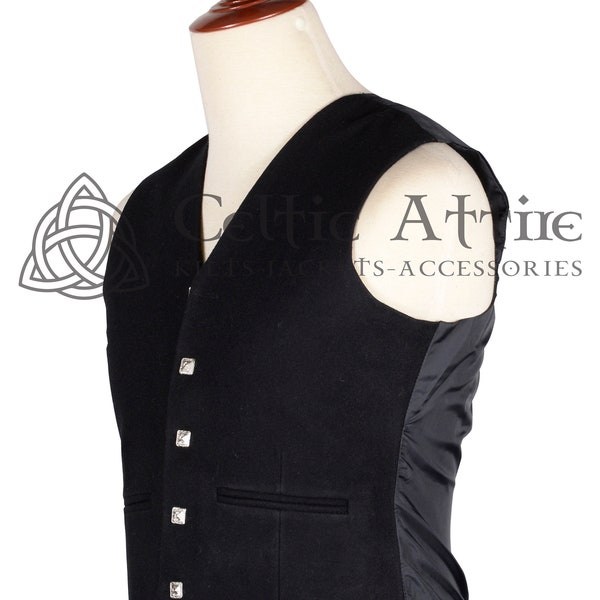 Premium Handmade Kilt Waistcoat - Scottish 5 Buttons Formal Argyle Vest - Black Wool Waistcoat - Scottish Kilt Vest - Plain Solid Wool Vest