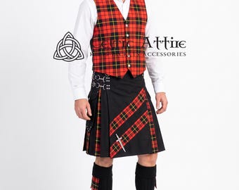 Black Cotton Hybrid Kilt Outfit – Tartan Waistcoat, Pin & Socks and Flashes