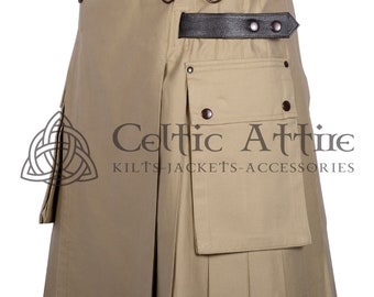 Premium -  16/12 Heavy Twill Khaki Cotton - Utility Scottish KILT FOR MEN - Duty Kilt - Handmade Kilt - Made to Order Kilt - All Sizes