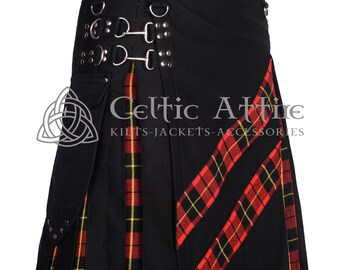 May include: Black kilt with red and yellow plaid accents. Features metal hardware, including buckles and D-rings, and a small pocket. The kilt has the text "Celtic Attire" and "Kilts-Jackets-Accessories".
