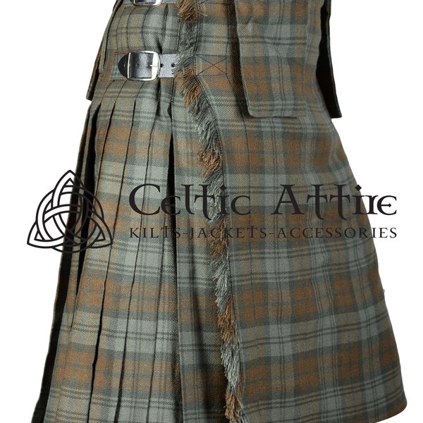 Premium - Made to Order - Scottish 8 Yard TARTAN KILT - Detachable Pockets - 16 Oz Acrylic Fabric - Black Watch Weathered Tartan