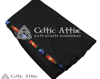 May include: A black kilt with a colorful fringe trim. The kilt is folded and the fringe is visible on the side. The text "Celtic Attire Kilts-Jackets-Accessories" is printed on the kilt.