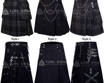 May include: Six different styles of black and grey kilts with various buckles, straps, and chains. The kilts are all pleated and have a cargo pocket on the side. The kilts are labelled with the text "Celtic Attire" and the style number.