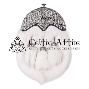Stag Head Cantle and Tassels - Scottish Full Dress Sporran with Belt & Strap - Premium Handmade Leather KILT SPORRAN - Real Rabbit White Fur