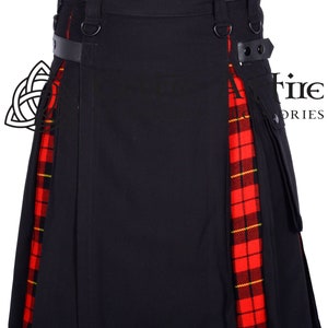 Premium - Handmade - Scottish Hybrid UTILITY KILT For Men - Black Cotton & Wallace Tartan