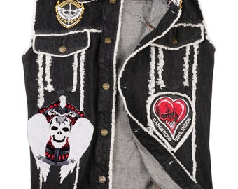 Gilet en jean noir effet vieilli punk rock - Gilet de travail avec patchs aléatoires