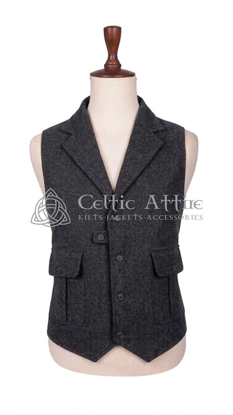 Tweed Waistcoat – Herringbone Wool Vest, 4-button, Kilt, Peaky