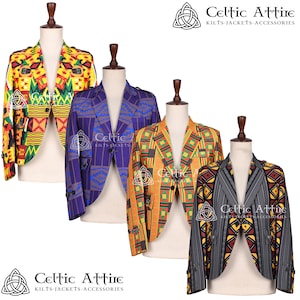 May include: Four patterned jackets on display. The jackets feature bold designs in yellow, purple, orange, and black. Each jacket has a unique geometric or tribal-inspired pattern. The Celtic Attire logo is visible.
