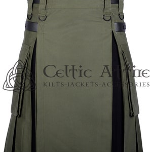 May include: A green utility kilt with black accents and a black leather strap with metal buckles. The kilt has a large cargo pocket on each side and a Celtic Attire logo.