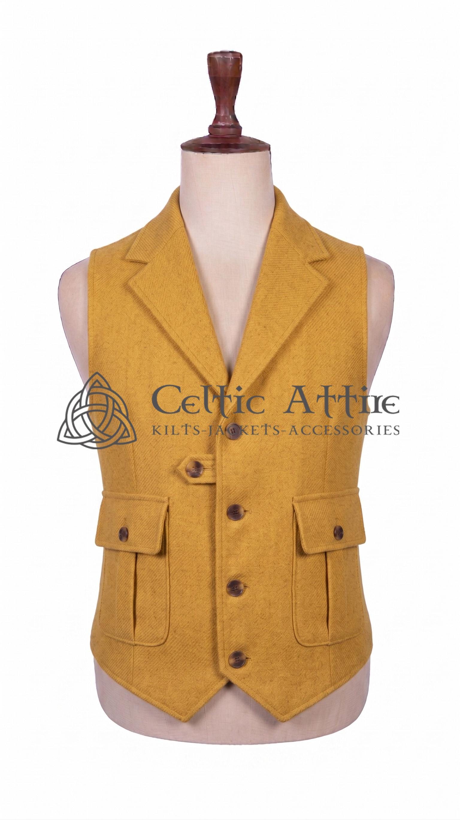 Tweed Waistcoat – Herringbone Wool Vest, 4-button, Kilt, Peaky