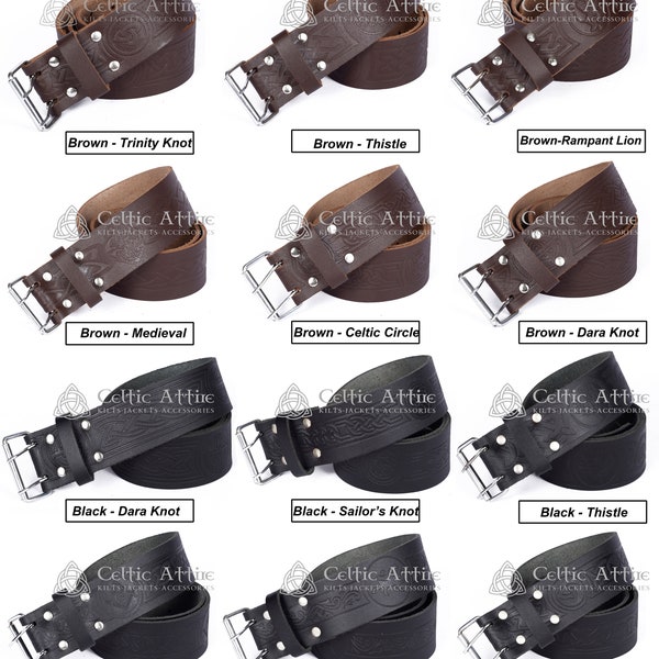 Black / Brown Leather KILT BELT - Real Leather 2 Inches Wide Kilt Belt - Celtic Symbols Embossed - Double Prong Buckle - Made to Order