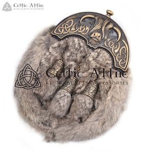 Premium Handmade Scottish Full Dress Sporran - KILT SPORRAN and Belt - Black Leather with Brown Rabbit Fur - Highland Cow Cantle and Tassels