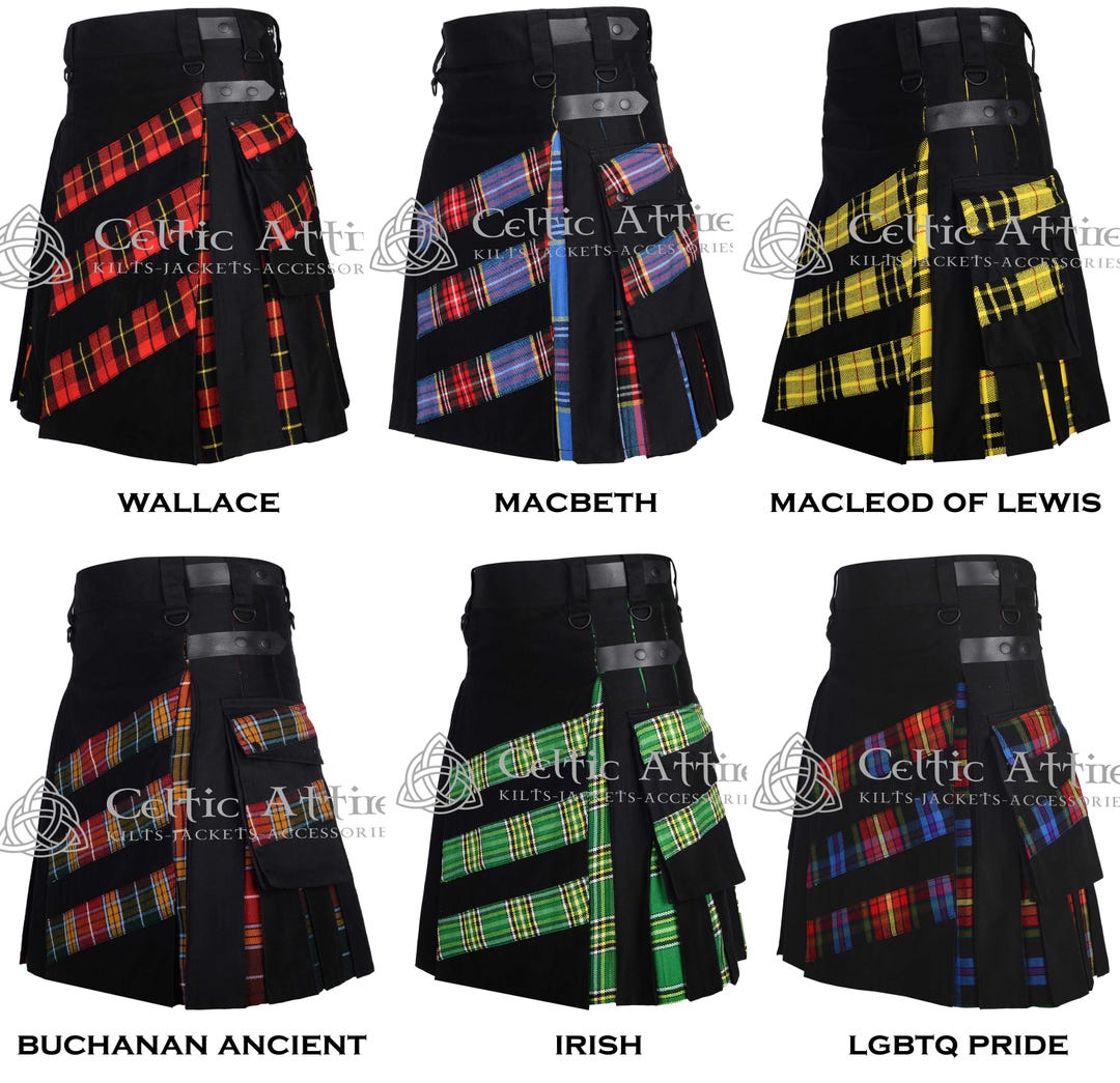 Sort Kalot Scottish Utility Kilt - Hybrid Cotton and Tartan Cargo Pockets Modern ...