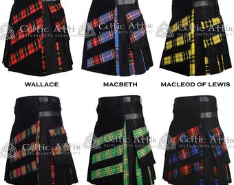 May include: Six different kilt designs with various tartan patterns. The kilts are black with a contrasting tartan panel on the front. The kilts are labeled with names such as Wallace, Macbeth, MacLeod of Lewis, Buchanan Ancient, Irish, and LGBTQ Pride.