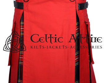 Premium - Handmade - Scottish Hybrid UTILITY KILT For Men - Red Cotton & Black Stewart Tartan