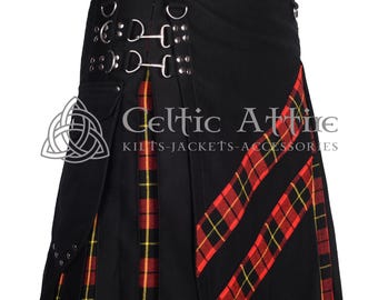 Black Cotton Hybrid Utility Kilt - Scottish Tartan Kilt for Men - Made to Measure 70 Clan Colors