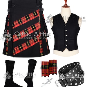 Black Cotton Utility Hybrid Kilt Package - Free Kilt Pin - Pair of Flashes - Black Wool Kilt Waistcoat - Black Socks - Leather Kilt Belt