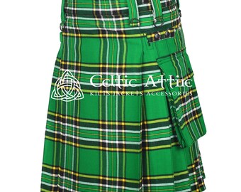 Irish Tartan Utility Kilt - Scottish Highlander 16 Oz Modern Cargo Pockets Kilt for Men - Tactical Hunting Camping Sport Kilt