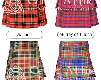 May include: Four different kilt designs, each with a unique tartan pattern. The kilts are all red, black, green, and blue. The kilts are all made of a woven fabric and have a pleated design. The kilts are all labelled with the name of the tartan pattern.