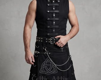 Black Cotton Utility Kilt - Gothic Throng with Punk Rock Belt and Waistcoat