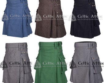 Kilt utilitario escocés hecho a mano de primera calidad - Hecho a pedido - Lana sólida pesada / Tweed de 16 oz - 6 colores - Highlander Cargo Kilts para hombres