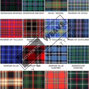 Peut inclure: Un tableau de 12 motifs de tartans diff&eacute;rents, chacun avec un nom en dessous. Les tartans sont de diff&eacute;rentes couleurs, notamment le rouge, le vert, le bleu, le noir et le blanc.