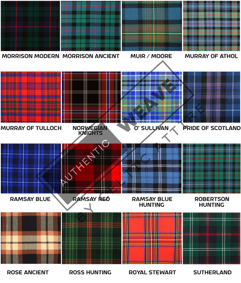 Peut inclure: Un tableau de 12 motifs de tartans diff&eacute;rents, chacun avec un nom en dessous. Les tartans sont de diff&eacute;rentes couleurs, notamment le rouge, le vert, le bleu, le noir et le blanc.