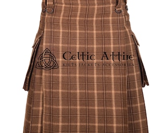 Brown Plaid Tweed Wool SCOTTISH Utility KILT - Made to Order - Premium Handmade - Real 16 Oz Wool - Highlander Kilt for Men - Cargo Kilt