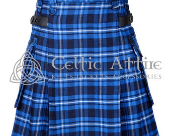 Galician National Tartan Utility Kilt - Scottish  Tartan Cargo Pockets Kilt for Men - Made to Order Heavy 16 Oz Tartan Kilt