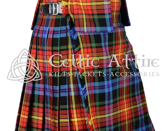 Premium - Made to Order - Scottish 8 Yard TARTAN KILT - Detachable Pockets - 16 Oz Acrylic Fabric - LGBTQ Pride Tartan