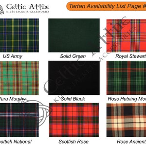 May include: A chart showing different tartan patterns, including US Army, Solid Green, Royal Stewart, Tara Murphy, Solid Black, Ross Hutning Modern, Scottish National, Scottish Rose, and Rose Ancient. The chart is titled "Tartan Availability List Page # 04".
