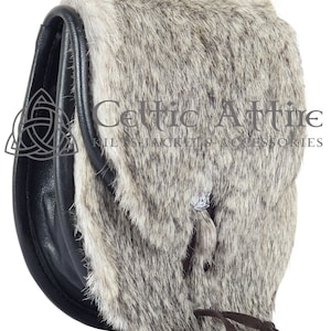 Premium Handmade - Black Leather and Grey Rabbit Fur - SEMI DRESS Scottish SPORRAN and Chain Belt - Celtic Sporran - Kilt Sporran