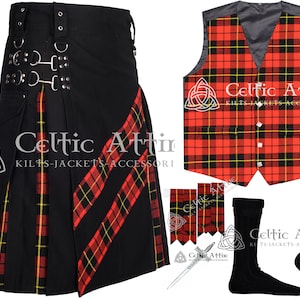 Black Cotton Hybrid Scottish Utility KILT Package - Tartan Waistcoat - Flashes - Kilt Pin - Kilt Socks - Made to Order - 65 Colors