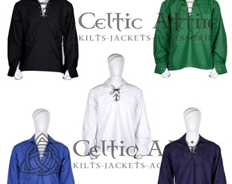 May include: Five different color variations of a long-sleeved shirt with a lace-up collar. The shirts are black, green, white, blue, and navy blue. The shirts are all made of a soft, comfortable fabric and feature a classic, timeless design. Celtic Attire Kilts-Jackets-Accessories