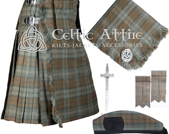 Pacote de KILT escocês de 8 jardas para homens – Tecido acrílico de 16 onças – Feito sob medida – Alfinete de kilt – Xadrez de mosca – Broche – Boné Glengarry – Flashes