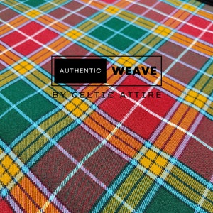 May include: A close-up of a red, green, yellow, and white plaid fabric with the text "AUTHENTIC WEAVE BY CELTIC ATTIRE".