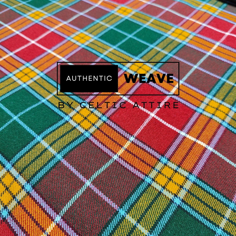 May include: A close-up of a red, green, yellow, and white plaid fabric with the text "AUTHENTIC WEAVE BY CELTIC ATTIRE".