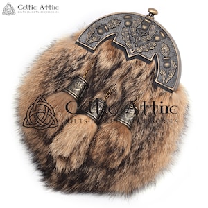 Premium Handmade - Scottish Full Dress Sporran and Belt - KILT SPORRAN - Black Leather - Brass Color Thistle Cantle and Tassels