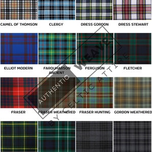 Peut inclure: Un tableau de 16 motifs de tartans diff&eacute;rents, chacun avec un nom en dessous. Les tartans sont tous des variations de plaid, avec des couleurs et des motifs diff&eacute;rents. Les noms des tartans sont : Camel of Thomson, Clergy, Dress Gordon, Dress Stewart, Elliot Modern, Farquharson Ancient, Ferguson, Fletcher, Fraser, Fraser Weathered, Fraser Hunting, Gordon Weathered, Gordon, Graham, Gray Watch et Granite.