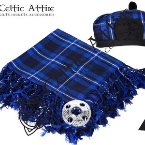 Scottish Tartan Glengarry Kilt Hat and Fly Plaid - Brooch Pin - Custom Size Hat - Hand Fringed Fly Plaid 48 X 48 Inches