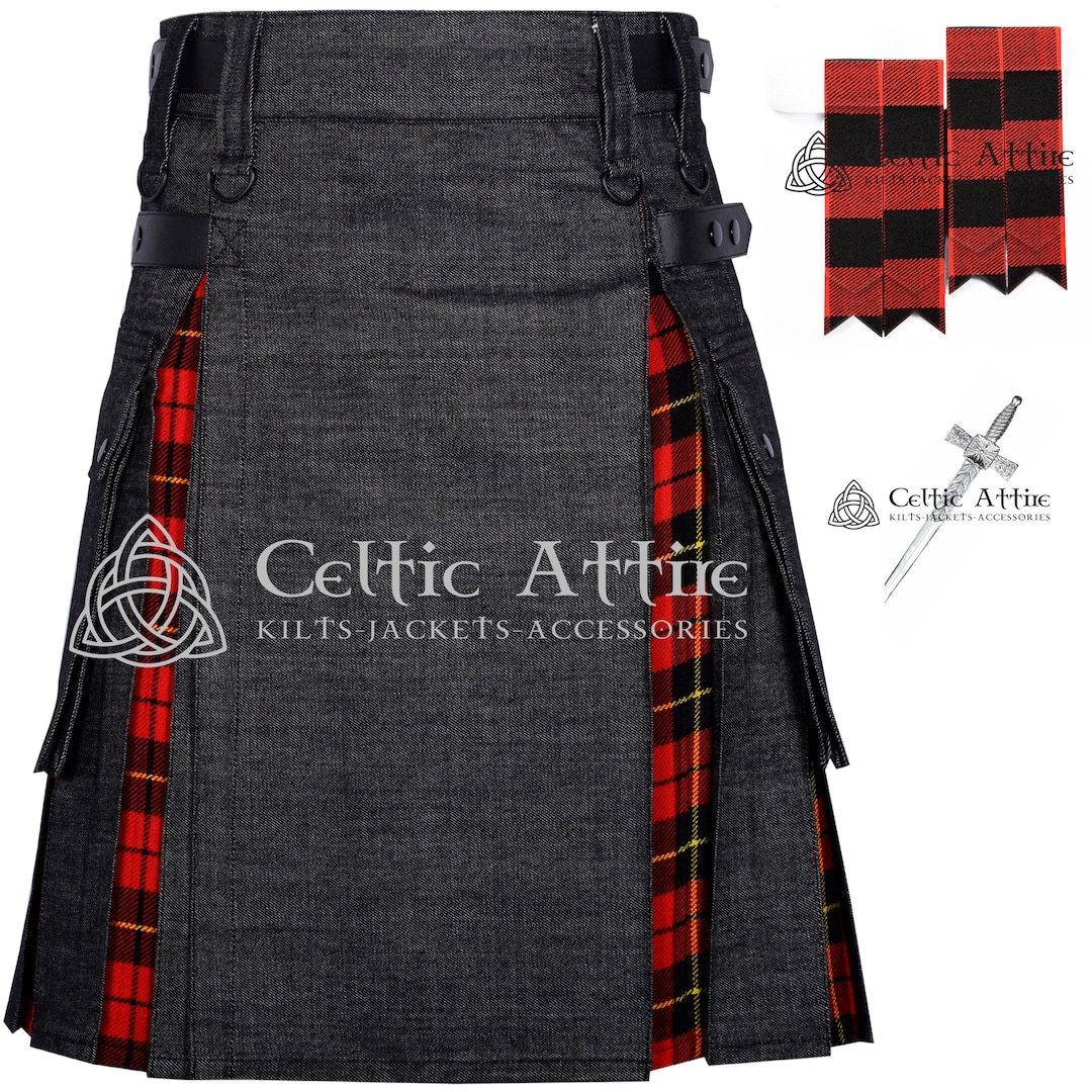 Sort Kalot Black Denim Utility Hybrid Kilt - Scottish Tartan Cargo Pockets KILT ...