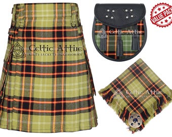 Tartan Utility Kilt Package - Scottish Tartan Modern Cargo Pockets Kilt for Men - Kilt Fly Plaid and Sporran Value Pack