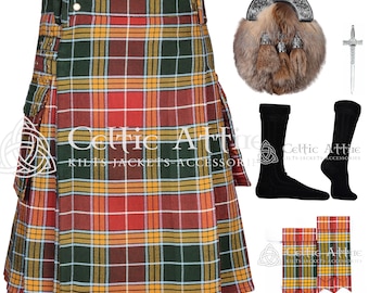Scottish Tartan Utility Kilt for Men - Made to Order - 16 Oz Tartan Kilt - Black Kilt Socks - Full Dress Sporran - Kilt Pin - Tartan Flashes