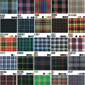 May include: A chart of 25 different tartan patterns, each with a name and a color scheme. The tartans are arranged in a grid of five rows and five columns. The tartans are all different colors and patterns, but they all have a common theme of being traditional Scottish tartans.