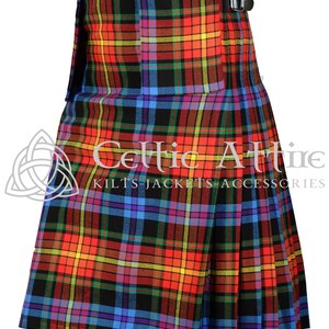 May include: A traditional kilt with a colorful tartan pattern in shades of red, yellow, blue, green, and black. The kilt has a black leather strap and buckle at the waist.